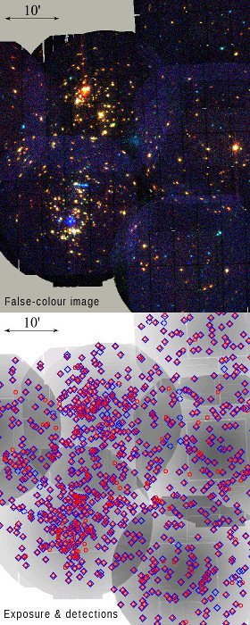 Source detection in NGC 2264: false-colour image and combined exposure maps, on which single-observation and stacked detections are marked